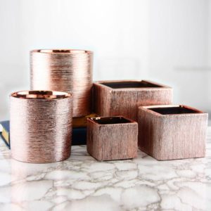 3" Top | Etched Metallic Ceramic Square Pot, Rose Gold