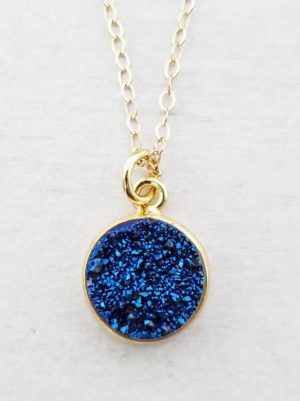 Gold Round Bezel Druzy Necklace - Blue
