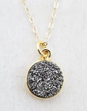 Gold Round Bezel Druzy Necklace - Grey