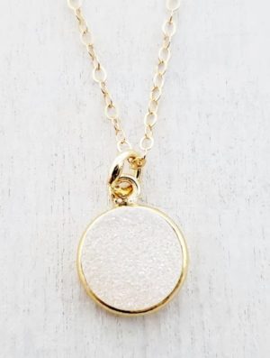 Gold Round Bezel Druzy Necklace - Rainbow White