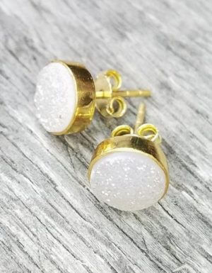 Gold Druzy Quartz Studs Earrings 9MM - Rainbow White