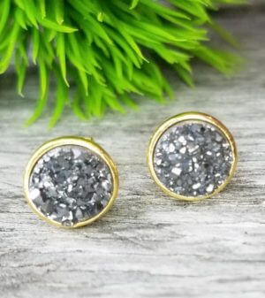 Gold Druzy Quartz Studs Earrings 9MM - Black/Dark Grey