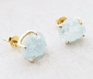 Gold Raw Gemstone Claw Stud Earrings - Aqua Chalcedony