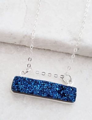 Silver Druzy Bar Sideways - Blue