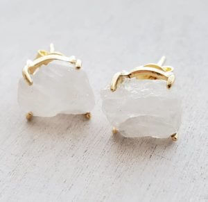 Gold Raw Gemstone Claw Stud Earrings - Rainbow Moonstone