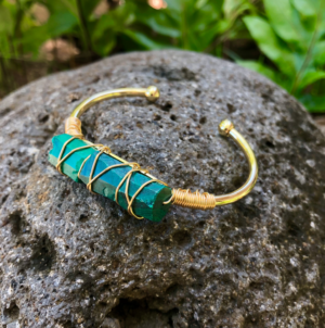 Moon Child - Malachite Gemstone Gold Bangle Cuff Bracelet "Manifestation & Protection"