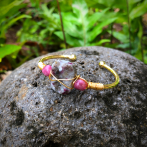 Moon Child - Pink Tourmaline Gemstone Gold Bangle Cuff Bracelet "Harmonizing Spiritual Energy"