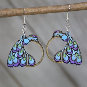 Cates Concepts - Peacock on Gold Ring Wooden Dangle Earrings