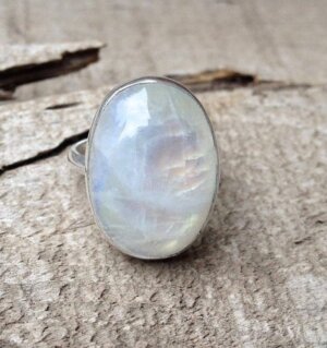 Gilded Bug Jewelry - Oval White Rainbow Moonstone Sterling Silver Statement Ring