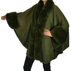 Madeline Love - Elegant Faux Fur Trim Lapel Cuffs Knit Poncho Ruana