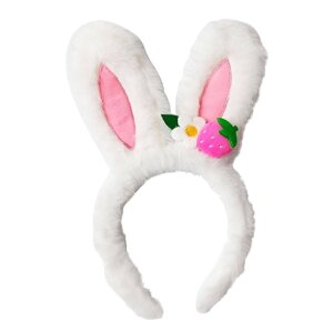 Diacly - Plush Bunny Ear Flower Strawberry deco Headband: White