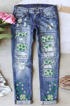 UNISHE - St. Patrick's Day Ripped Patched Jeans XYK031: Blue / S