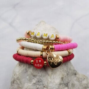 The Pretty Jewellery - MOM Heart Charm MAMA Heishi Bracelet Stack